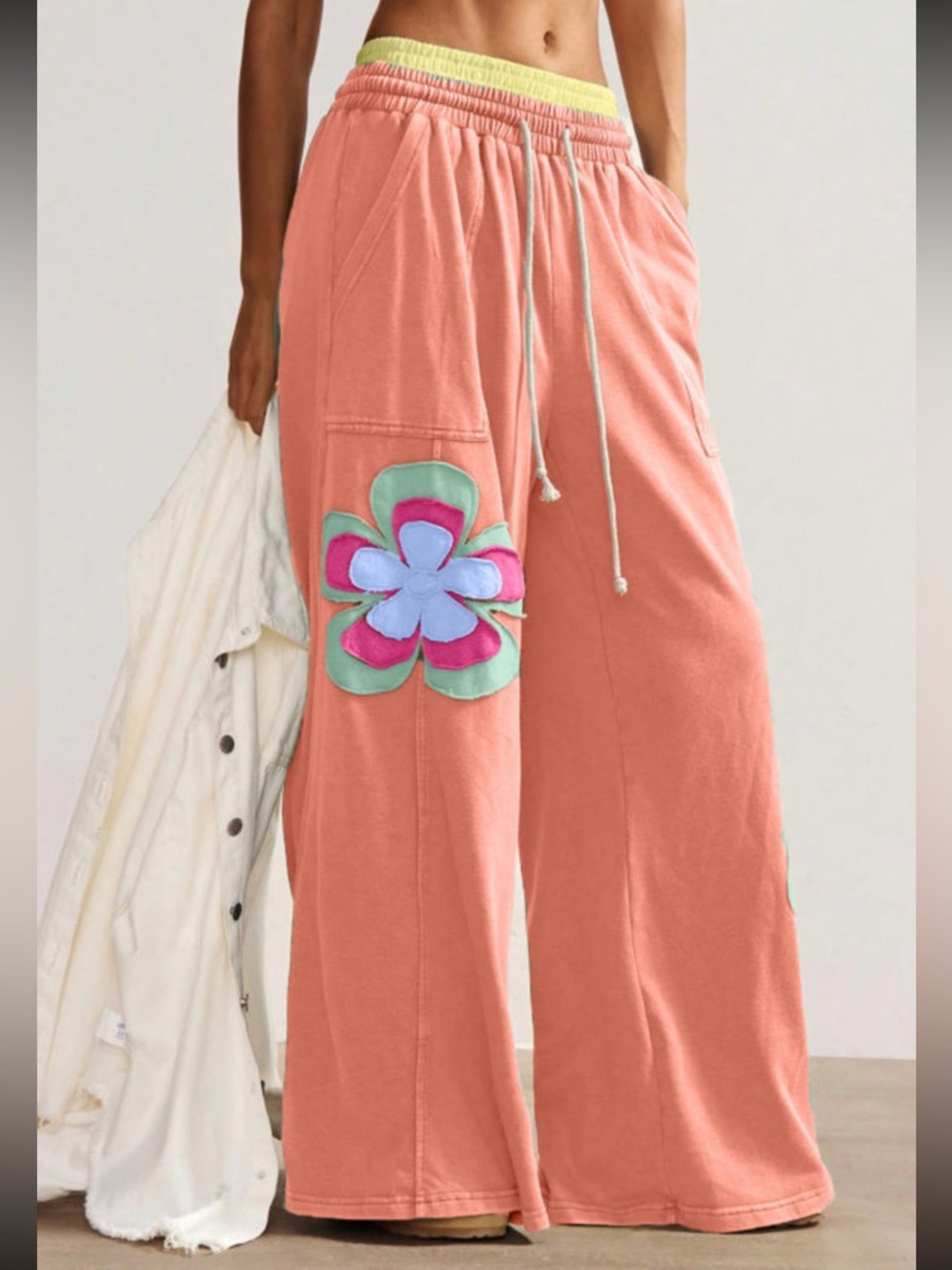 1214. Orange Colorblock floral patchwork wide leg elastic waist pant - Picture 2 of 5